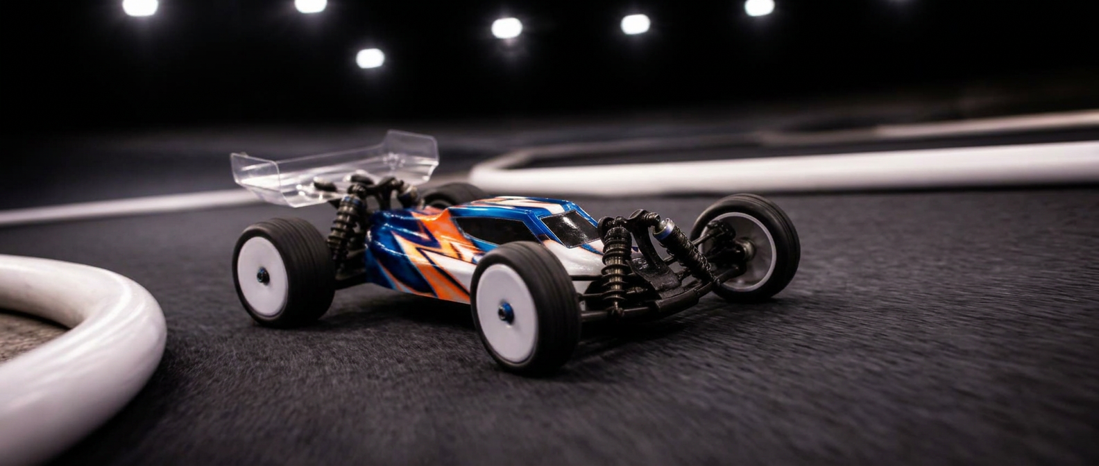 1/10 scale buggy cornering on an indoor high-bite carpet track